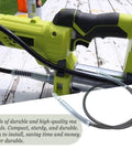 Grab-And-Go Forty-Seven Inch Grease Gun Hose With Coupler Replacement For 18 Volt P3410 And P163 Grease Guns One Eighth Inch Bore Flexible Durable Hose Kit attached to a Ryobi grease gun on a wooden table.