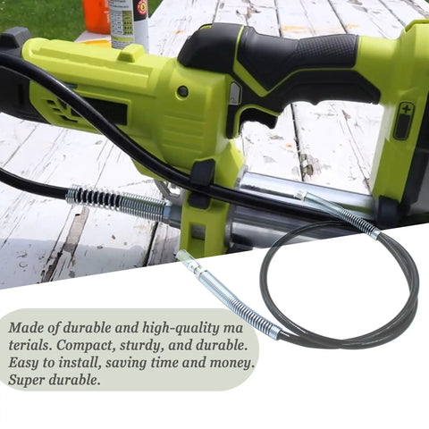 Grab-And-Go Forty-Seven Inch Grease Gun Hose With Coupler Replacement For 18 Volt P3410 And P163 Grease Guns One Eighth Inch Bore Flexible Durable Hose Kit attached to a Ryobi grease gun on a wooden table.
