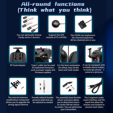 Features of FS ST8 2.4GHz RC Transmitter With 10 Channels And FS SR8 Receiver such as GPS module support and mobile holder compatibility.