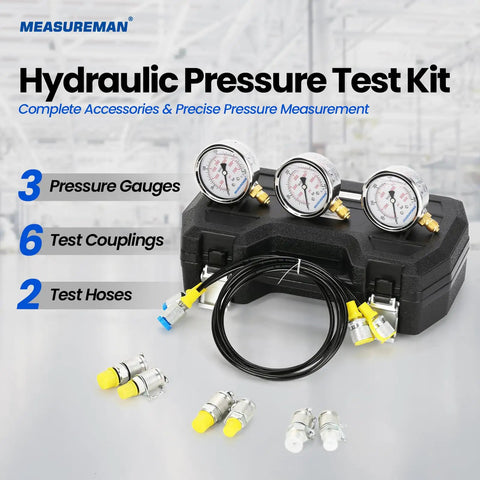 Hydraulic Test Gauge Kit With Three Gauges 0 To 250 Bar 0 To 400 Bar 0 To 600 Bar, Six Test Couplings, Two Hoses in case