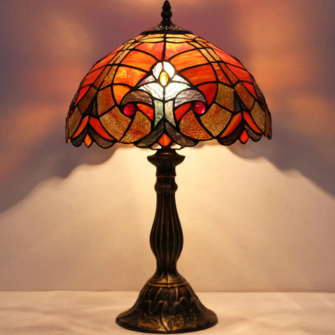 Tiffany Style Red Liaison Stained Glass Table Lamp With Antique Green Bronze Base, 12 Inch Shade And 18 Inch Tall Desk Bedside Reading Light For Bedroom, Living Room, Or Home Office, UL Listed.