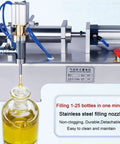Built Strong Single Head Pneumatic Bottle Filling Machine Runs Smooth With Zero Drip Stainless Nozzles and Simple Auto Manual Foot Switch Operation Perfect For Small Batch Liquids Up To Five Liters in use with a stainless steel nozzle filling liquid.