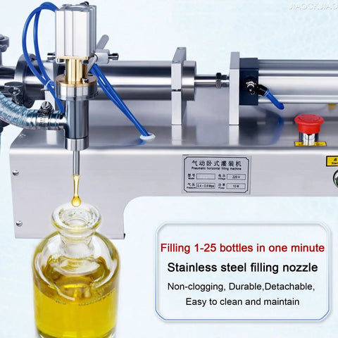 Built Strong Single Head Pneumatic Bottle Filling Machine Runs Smooth With Zero Drip Stainless Nozzles and Simple Auto Manual Foot Switch Operation Perfect For Small Batch Liquids Up To Five Liters in use with a stainless steel nozzle filling liquid.