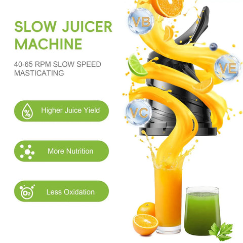 Super Chill Slow Masticating Juicer With 130Mm Wide Feed Chute For Whole Fruits And Veggies Easy To Clean Electric Cold Press Machine High Yield Smoothie Maker with orange juice flowing.