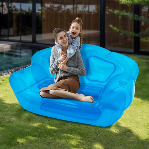 Kick Back On This Hella Comfy Clear Inflatable Sofa Chair For Two Portable Twin Size Air Mattress Couch With No Sweat Setup Indoors Or On Camping Trips with a mother and child outdoors.
