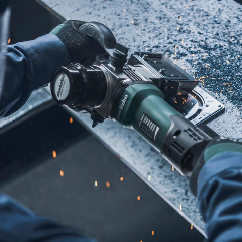 Five Eighths Inch Beveling Tool With Variable Speed And One Touch Depth Control Vario Tacho Constamatic shown in use on metal