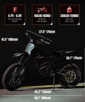 IN10 Pro Electric Dirt Bike With 5500W Peak Mid Drive Power in black, size specs, ideal for off-road and rugged terrains.