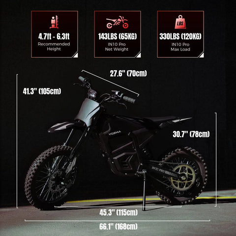 IN10 Pro Electric Dirt Bike With 5500W Peak Mid Drive Power in black, size specs, ideal for off-road and rugged terrains.