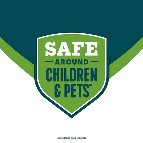 Green and blue shield with 'Safe Around Children & Pets' text for Home Insect Control Ready To Use Spray Kills Ants, Cockroaches And Spiders