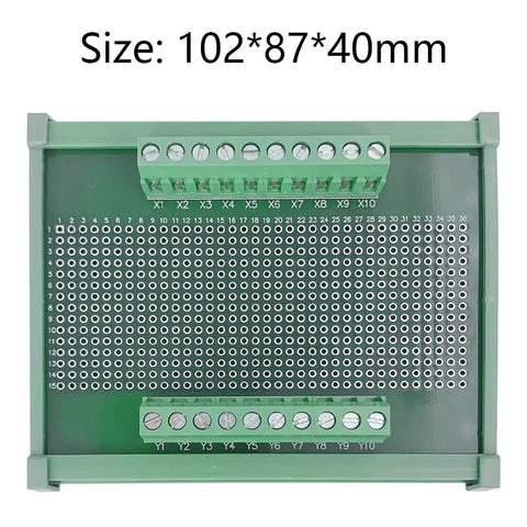 Top view of 102x87x40mm green PCB with terminals for 72x100mm DIN Rail Mount PCB Board for Arduino DIY Projects