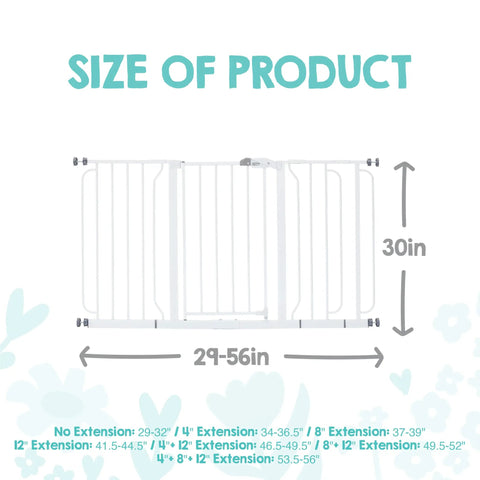 Diagram showing dimensions of Extra Wide Baby Gate For Doorways And Stairs 29 To 56 Inches, Pressure Mounted Safety Gate.
