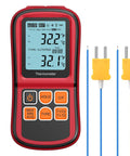 Red handheld dual-channel digital thermometer with two yellow K-type probes and blue cables, backlit LCD display.
