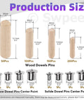 Production size chart of Wood Dowel Pins Kit 505 Pcs Four Sizes 1/4 In 5/16 In 3/8 In 1/2 In Straight Grooved Dowel Pins With Center Point.