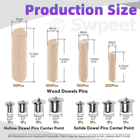Production size chart of Wood Dowel Pins Kit 505 Pcs Four Sizes 1/4 In 5/16 In 3/8 In 1/2 In Straight Grooved Dowel Pins With Center Point.