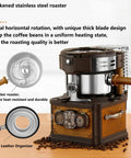 Retro Electric Coffee Bean Roaster With Automatic Roasting Function And Heavy Duty Stainless Steel Drum, showing thick blade design and controls.