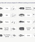 Rotary files with various shapes, including tree, ball, flame, and cylindrical radius end, for different working environments.