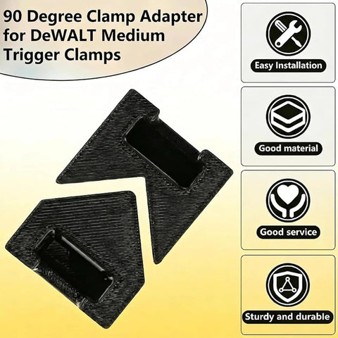 2-Pack Must-Have 90 Degree Clamp Adapter For Medium Trigger Clamps in black PLA, showcases easy installation and durability icons.