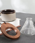Premium Glass Cone Dripper For Pour Over Coffee And Tea Brew Up Fresh With This Stable Filter Holder, brown wood base and ceramic mug
