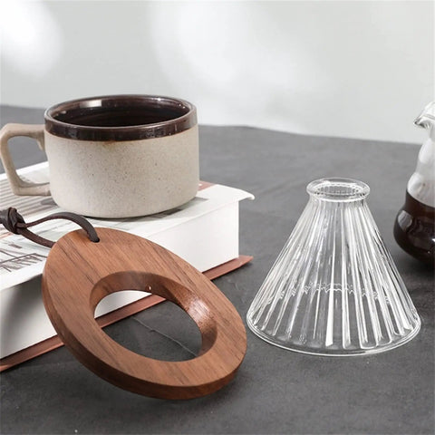 Premium Glass Cone Dripper For Pour Over Coffee And Tea Brew Up Fresh With This Stable Filter Holder, brown wood base and ceramic mug