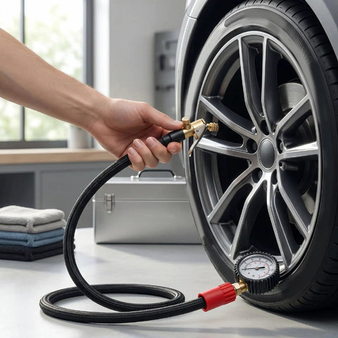 Flexible Silicone Tire Inflator Extension Hose With Quick Clip Chuck Reaches Tight Valve Stems On Cars And Trucks Effortlessly Handles During Roadside Emergencies Or Garage Jobs Avoids Awkward Bending Inside Cramped Wheel Wells 16 Inch Connector on car tire