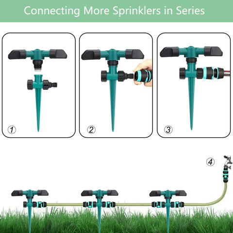 Diagram showing how to set up Rotating 360 Degree Lawn Sprinkler For Yard Coverage Up To 2000 Sq Ft with connections in series.