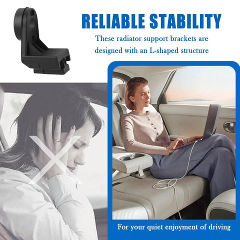 Eight Piece Universal Radiator Fan Mounting Feet Brackets L Shaped Install Legs shown beside a woman using a laptop in car.