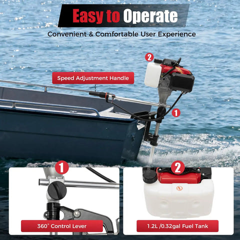 4 Stroke 53.2cc Outboard Motor With Air Cooling Hand Start Gasoline Engine mounted on inflatable fishing boat