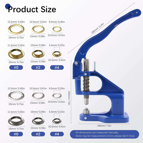 Heavy Duty Grommet Tool Kit Hand Press Grommet Machine dimensions with 3000 silver and gold grommets and dies for fabric and leather use