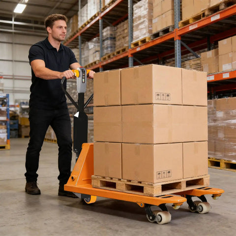 Heavy Duty Electric Pallet Truck With 4400 Lb Capacity For Tough Warehouse Work moving pallets in a warehouse.