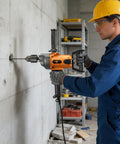Worker using Corded 20 Amp Mixing Drill With Five Eighth Inch All Metal Chuck 1100 RPM Heavy Duty Concrete Mixer For Cement