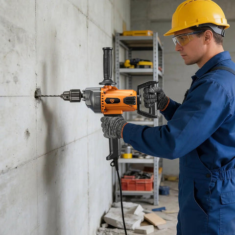 Worker using Corded 20 Amp Mixing Drill With Five Eighth Inch All Metal Chuck 1100 RPM Heavy Duty Concrete Mixer For Cement