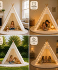 Collage of XXL Teepee Tent For Adults And Kids With Vine LED Lights used indoors and outdoors for reading, play, and sleepovers.