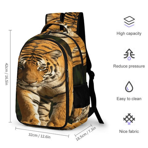 Wild Rock Tiger Printed Backpack for Men and Women, Large Capacity Daypack with detailed tiger print, durable polyester, 42cm height.