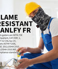 Straight Up Flame Resistant Neck Gaiter Two Pack With Fire Retardant Face Mask For Job Site Safety Welding Motorcycle Riding And Wildfire Protection Breathable UV Shield worn by a worker in a yellow hard hat.