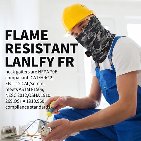 Straight Up Flame Resistant Neck Gaiter Two Pack With Fire Retardant Face Mask For Job Site Safety Welding Motorcycle Riding And Wildfire Protection Breathable UV Shield worn by a worker in a yellow hard hat.