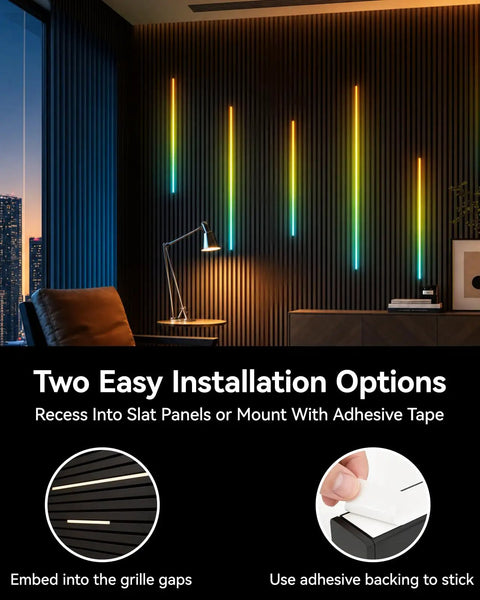 Galental RGB+IC Slat Wall Lights, Led Recessed Lighting, DIY Lights, 6 Pack, mounted on slat wall with dual installation options.