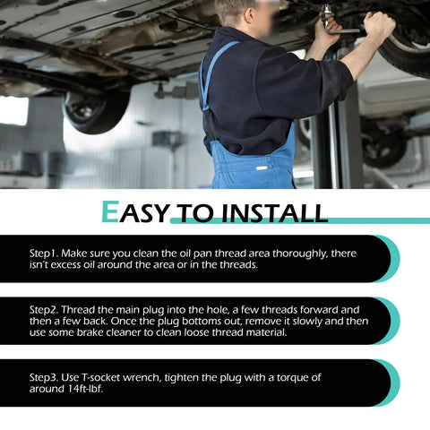 Mechanic installing Oversized Piggyback Garage Grade Oil Drain Plug Kit M14.1 By 1.5 Stainless Steel with diagram