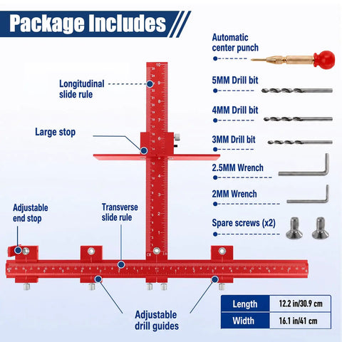 Dead On Accuracy Cabinet Drill Jig For Perfect Handle Alignment And Drawer Pull Placement With Solid Aluminum Body included tools and measurements