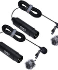 Two Pack Lavalier Microphone With XLR Output, Omni Directional Lapel Mic, Phantom Powered CVM V02O shown with cables and windshields