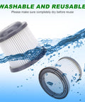PVF110 Pivot Filter Replacement for 20V Max Hand Vacuums shown as washable in water with label "Washable and Reusable".