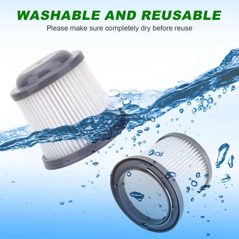 PVF110 Pivot Filter Replacement for 20V Max Hand Vacuums shown as washable in water with label "Washable and Reusable".