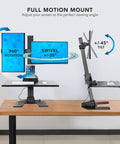 Electric Dual Monitor Sit Stand Desk Converter With 28 Inch Base showing full motion mount, 360° rotation, and tilt angles.