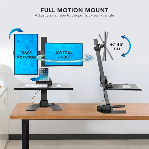 Electric Dual Monitor Sit Stand Desk Converter With 28 Inch Base showing full motion mount, 360° rotation, and tilt angles.