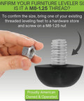 Hand measuring M8-1.25 thread on 8mm M8 Adjustable Furniture Leg Levelers Set For Outdoor Use Stainless Steel Screw In Leveling Feet