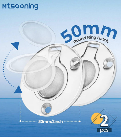 50mm Round Stainless Steel Flush Pull Ring Latch For Boats displayed with dimensions and two pieces visible