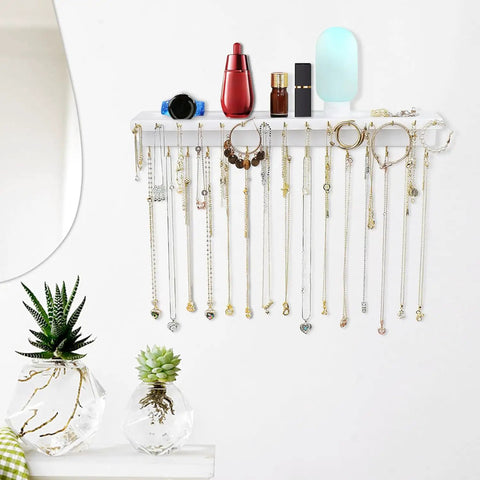 Wall Mounted Necklace Holder And Solid Wood Vanity Organizer With Thirty Hooks To Keep Long Chains Rings And Bracelets Completely Tangle Free And Slick For Your Daily Bling Setup