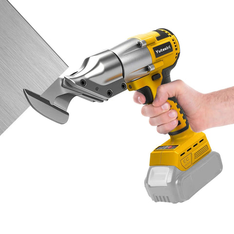 Cordless Sheet Metal Shear For 20V Battery, Boss Grade Brushless Electric Metal Cutter With 360 Degree Pivoting Head And 133 Ft Lbs Torque, Cuts Iron Up To 20 Gauge Like A Pro, Tool Only, Battery Not Included shown cutting metal