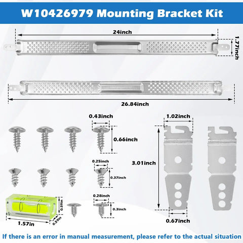 All In One 24 Inch Dishwasher Mounting Bracket Kit With Column Level For Granite And Quartz Countertops Includes Screws And Hardware For Precise Alignment And Easy Installation, showing bracket dimensions and components.