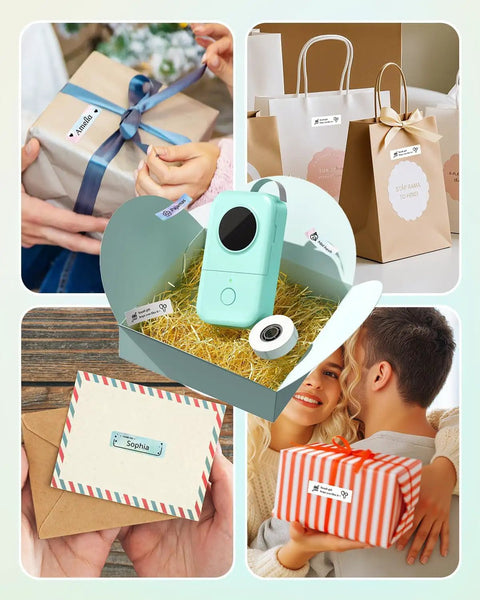 Top Tier Bluetooth Label Maker Prints Crisp Adhesive Text Instantly on various labeled packages and gifts.
