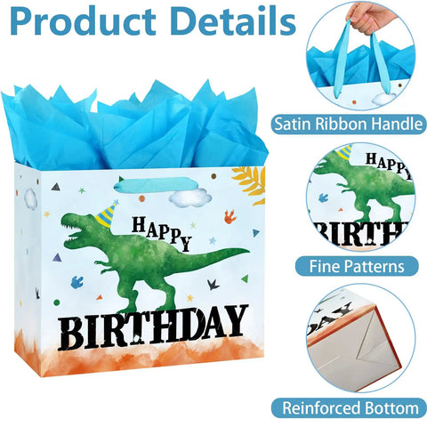 13 Inch Large Watercolor Dinosaur Birthday Gift Bag With Handles, Greeting Card And Tissue Paper, features and details shown